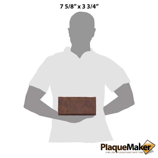Size Guide With Blank Figure Holding Custom Rustic Faux Leather Trifold Wallet With Wrist Strap Against White Background