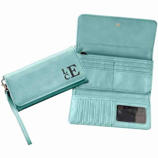 Custom Teal Faux Leather Trifold Wallet With Wrist Strap And Engraved Initials Beside Example Of The Wallet Opened Up