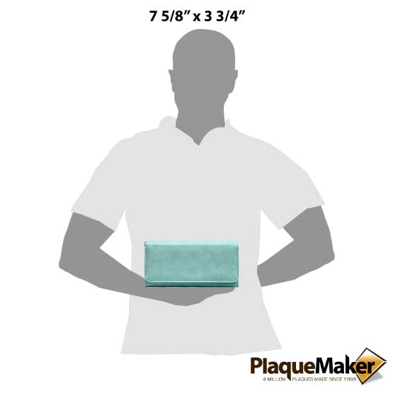 Size Guide With Blank Figure Holding Custom Teal Faux Leather Trifold Wallet With Wrist Strap Against White Background