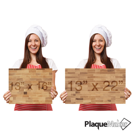 Size Guide With Happy Woman Holding Two Sizes Of Custom Maple Wood Butcher Block Cutting Board Against White Background
