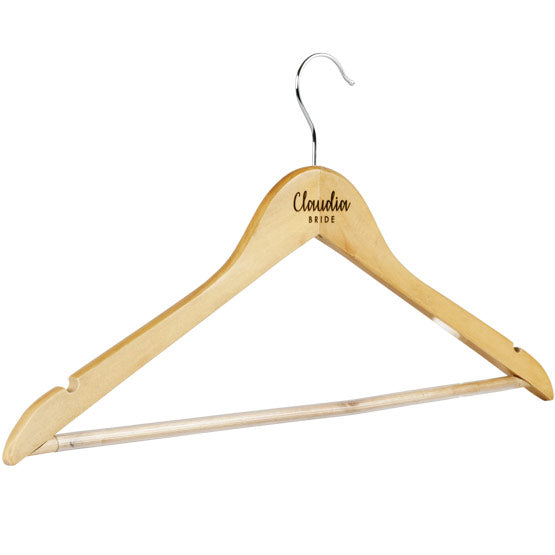 Custom Maple Wood Clothes Hanger With Metal Hook And Laser Engraved With Name And Bride Text Against White Background