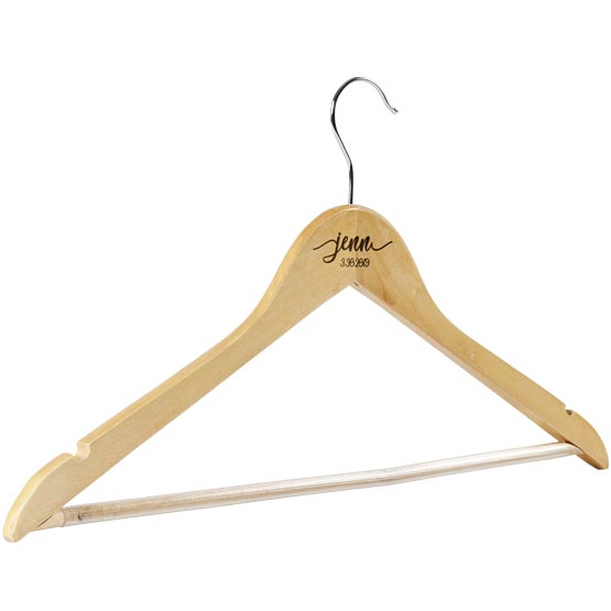 Custom Maple Wood Clothes Hanger With Metal Hook And Laser Engraved With Name And Date Against White Background