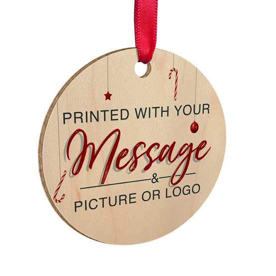 Maple Wood Circle Ornament With Red Ribbon And Full Color Printing That Shows Customizable Options And Area For Text And Art