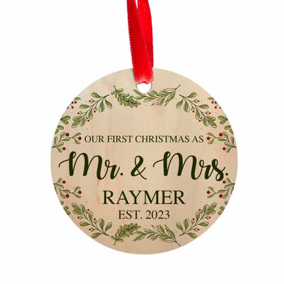 Maple Wood Circle Ornament With Red Ribbon And Full Color Printing Of Mistletoe And Our First Christmas And Names And Date