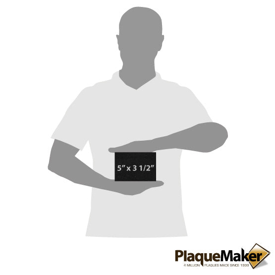 Size Guide With Blank Figure Holding Custom Black Marble Paperweight Showing Measurements Against A White Background