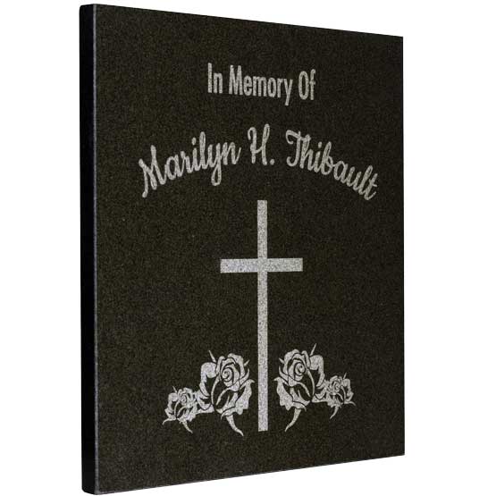 Square Black Marble Tile Laser Engraved With Cross And Flower Art And In Memory Of Marilyn Thibault Message