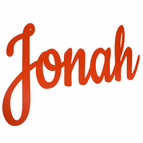 Custom Plastic Sign With Cursive Letters Cutout Of Jonah Name In Full Color Against A White Background