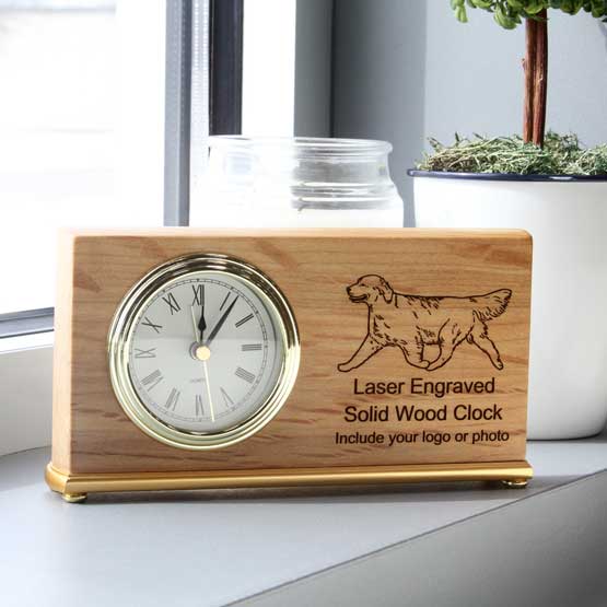 Red Alder Desk Clock With Landscape Shape And Metal Trim And Engraved With Dog Art And Custom Options On Window Sill By Plant