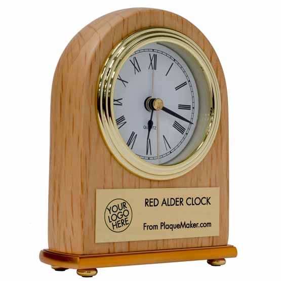 Red Alder Desk Clock With Portrait Arch Shape And Metal Trim And Gold Plate Showing Customizable Areas For Text And Art
