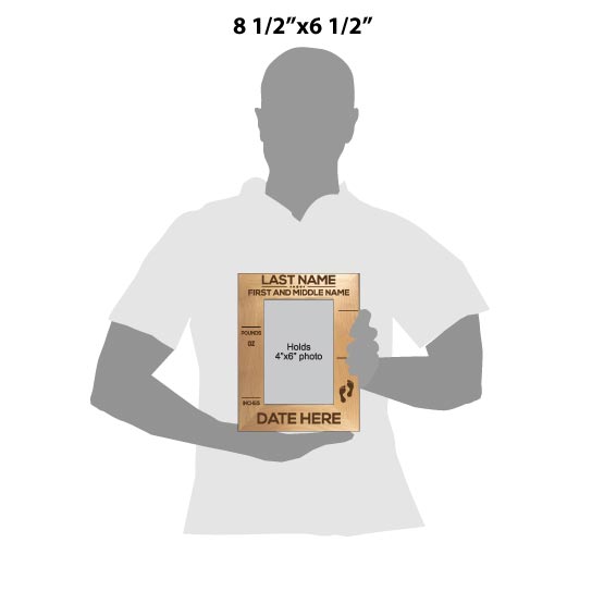 Size Guide With Blank Figure Holding Custom Red Alder Picture Frame Engraved To Show Customizable Areas For Baby Details