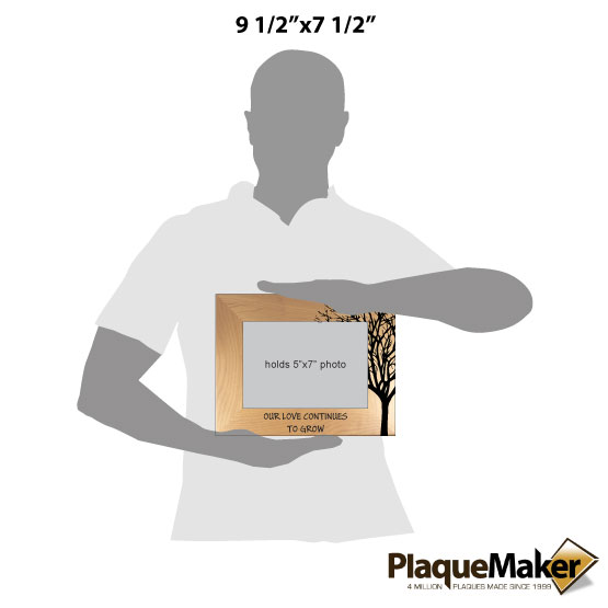 Size Guide With Blank Figure Holding Red Alder Picture Frame Laser Engraved With Tree Art And Our Love Continues To Grow Text
