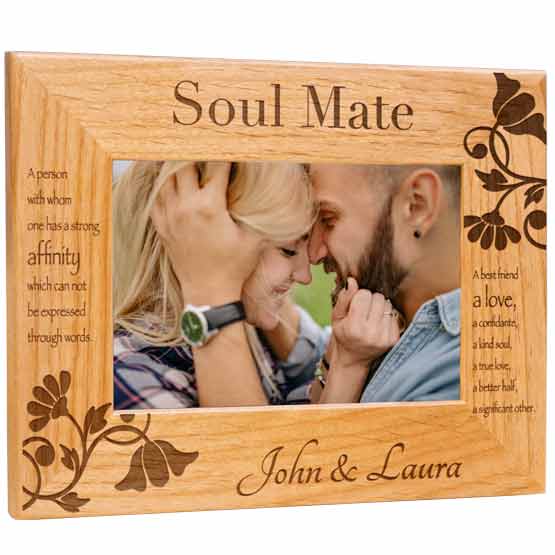 Custom Red Alder Picture Frame With Couple Photo And Laser Engraved With Soul Mate Message And Names And Flower Art