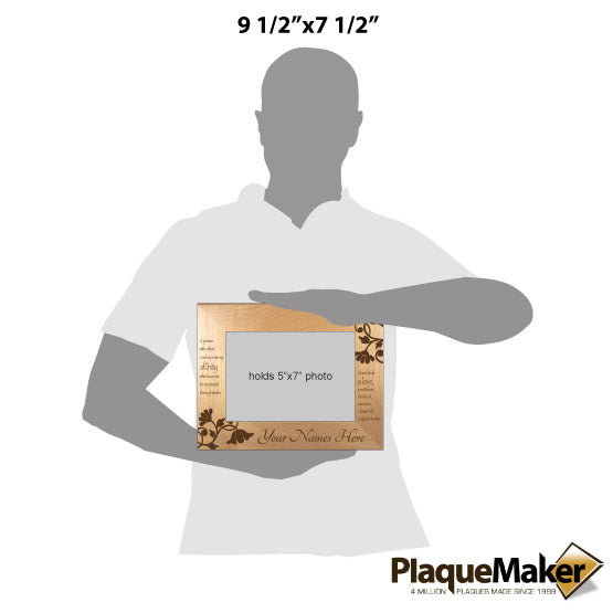 Size Guide With Blank Figure Holding Red Alder Picture Frame Engraved With Flowers And Romantic Message And Customizable Area