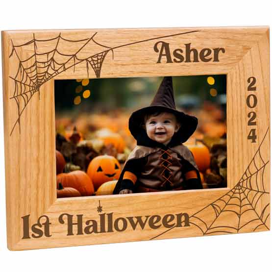 Red Alder Picture Frame With Baby Halloween Photo And Engraved With Webs And Name And Date And First Halloween Text