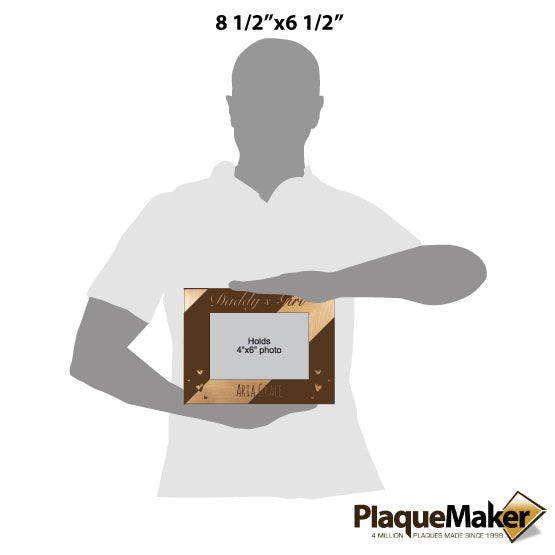 Size Guide With Blank Figure Holding Red Alder Picture Frame Engraved With Daddy’s Girl And Name And Hearts Artwork