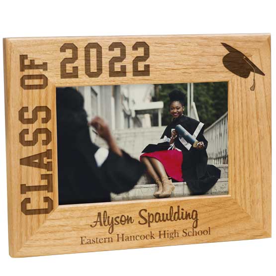 Custom Red Alder Picture Frame With Graduate Photo And Engraved With Class Of 2022 And Student Details And Graduation Hat Art
