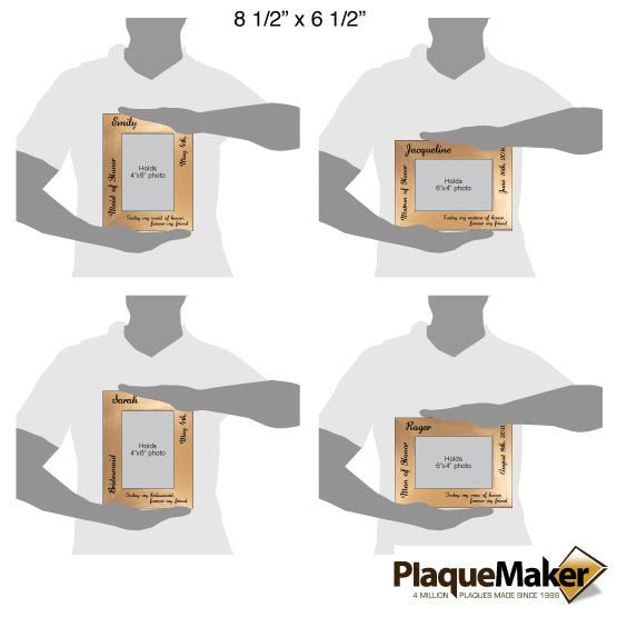 Size Guide With Blank Figure Holding Four Options Of Custom Red Alder Picture Frames For Bridesmaid Or Man Of Honor