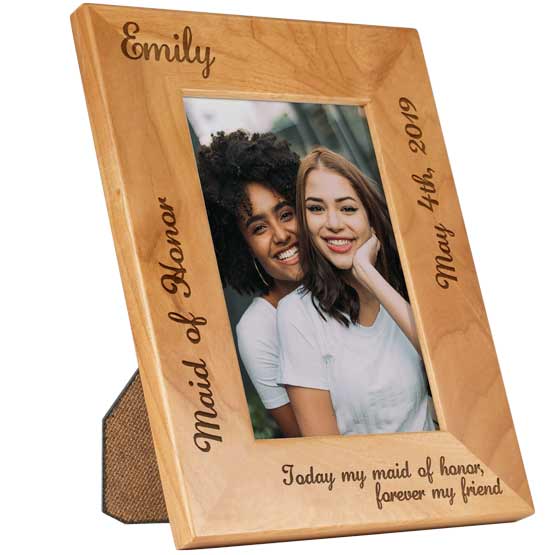 Red Alder Picture Frame With Photo Of Two Happy Women And Engraved With Name And Date And Maid Of Honor And Message