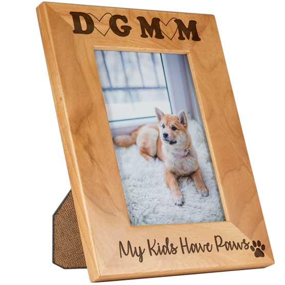 Red Alder Picture Frame With Dog Photo And Laser Engraved With Dog Mom And My Kids Have Paws And Paw Print Artwork