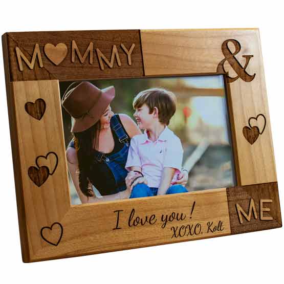 Custom Red Alder Picture Frame With Photo Of Mom And Boy And Engraved With Hearts And I Love You Message And Mommy And Me
