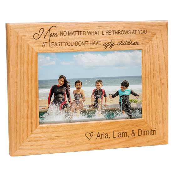 Red Alder Picture Frame With Children At Beach Photo And Engraved With Names And Funny You Don’t Have Ugly Children Message