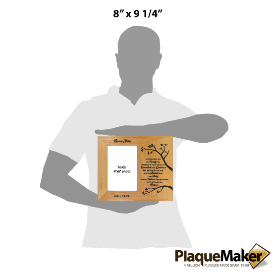 Size Guide With Blank Figure Holding Red Alder Picture Frame Engraved With Family Tree Art And Message And Customizable Areas