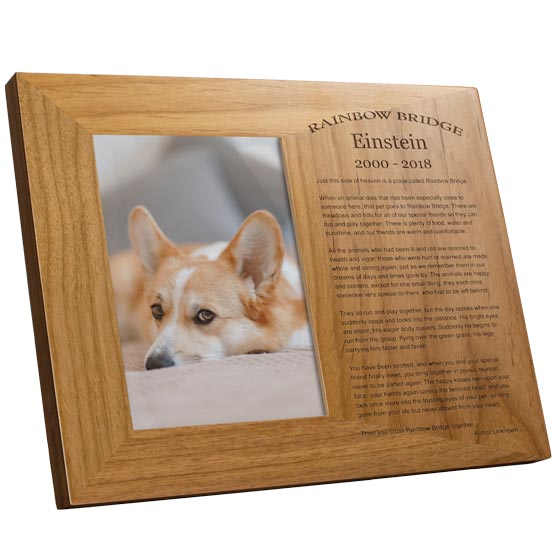 Custom Red Alder Picture Frame With Dog Photo And Engraved With Name And Dates And Rainbow Bridge Memorial Message