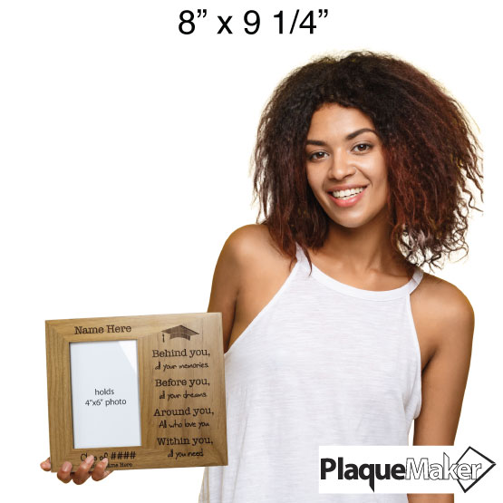 Size Guide With Happy Woman Holding Red Alder Picture Frame With Graduation Quote And Customizable Class Details