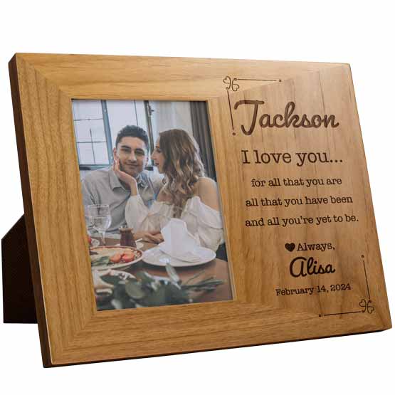 Red Alder Picture Frame With Couple Dinner Photo And Engraved With Names And Date And I Love You For All That You Are Message