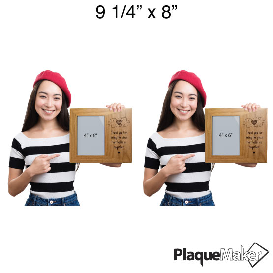 Size Guide With Happy Woman Holding Red Alder Picture Frame Engraved With Dad Or Mom Puzzle Piece Art And Thank You Message