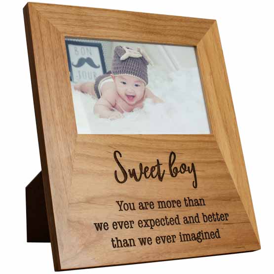 Custom Red Alder Picture Frame With Baby Photo And Engraved With Sweet Boy You Are More Than We Ever Expected Message