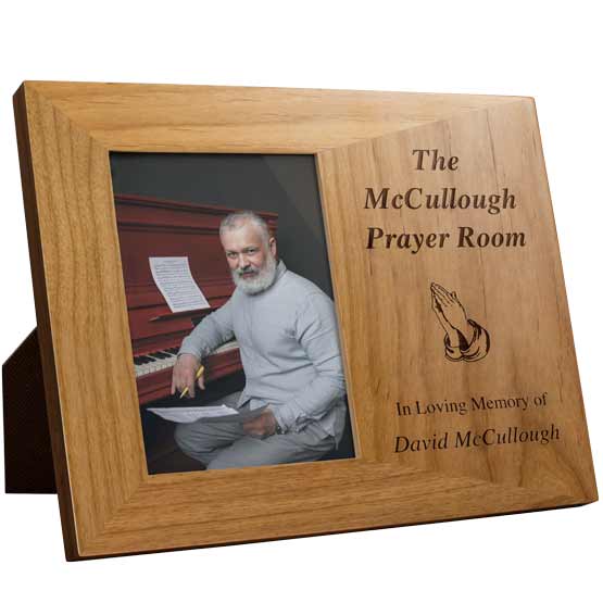 Custom Red Alder Picture Frame With Photo Of Man Playing Piano And Engraved With Prayer Art And Room Name And Memorial