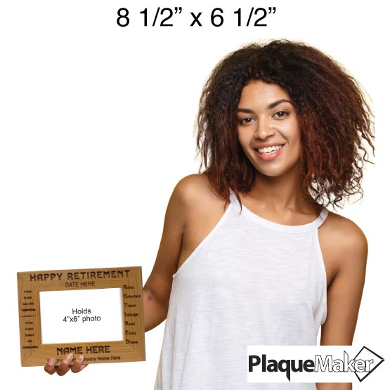 Size Guide With Happy Woman Holding Custom Red Alder Picture Frame Laser Engraved With Happy Retirement Messages