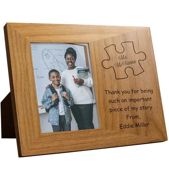 Red Alder Picture Frame With Teacher Photo And Engraved With Name Inside Puzzle Piece Art And Thank You Message