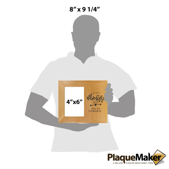 Size Guide With Blank Figure Holding Red Alder Picture Frame Engraved With Let Our Adventure Begin And Customizable Area