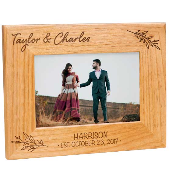Custom Red Alder Picture Frame With Couple Outdoors Photo And Engraved With Names And Date And Leaves Artwork