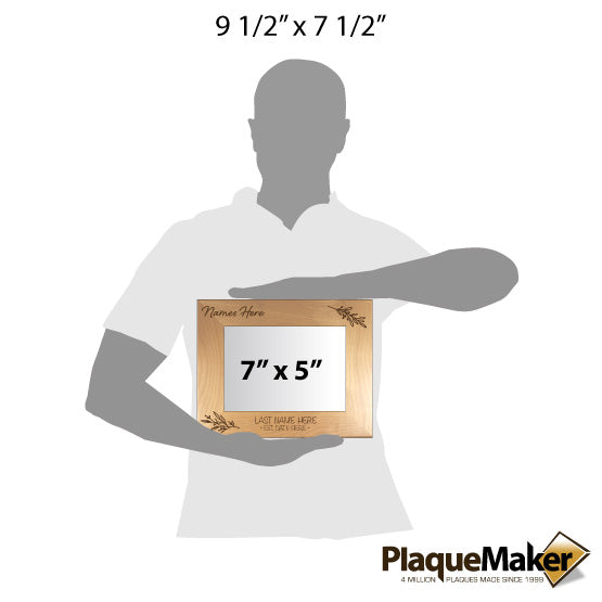 Size Guide With Blank Figure Holding Red Alder Picture Frame Engraved With Leaves Artwork And Customizable Areas