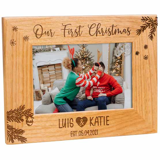 Red Alder Picture Frame With Festive Couple Photo And Engraved With Our First Christmas And Names And Date And Christmas Art