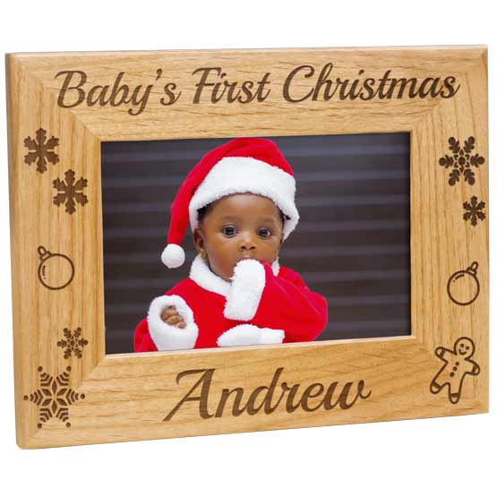 Custom Red Alder Picture Frame With Festive Baby Photo And Engraved With Baby’s First Christmas And Holiday Art And Name