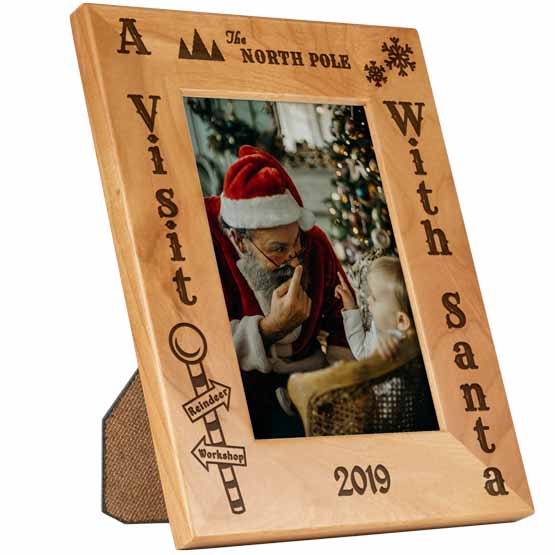 Custom Red Alder Picture Frame With Photo Of Santa With Baby And Engraved With North Pole Santa Visit Text And Date