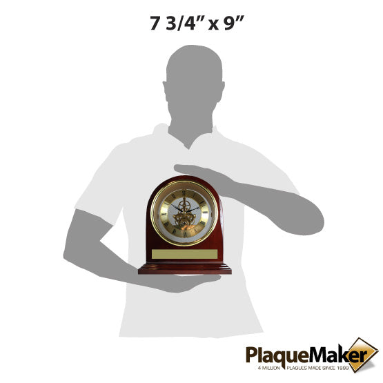 Size Guide With Blank Figure Holding Custom Rosewood Arch Desk Clock With Open Gears Design And Gold Metal Plate