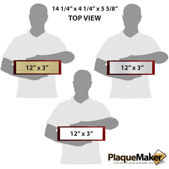 Size Guide With Blank Figure Holding Top View Of Three Aluminum Plate Color Options For Custom Rosewood Wine Boxes