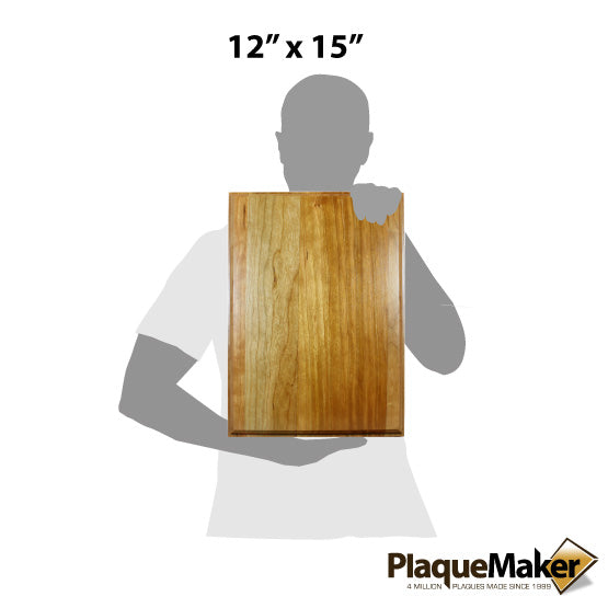 Size Guide With Blank Figure Holding Custom Solid Cherry Plaque With Rectangle Shape Against A White Background