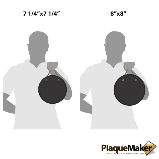 Size Guide With Blank Figure Holding Two Sizes Of Custom Circle Shaped Slate Sign Via Rope Against A White Background