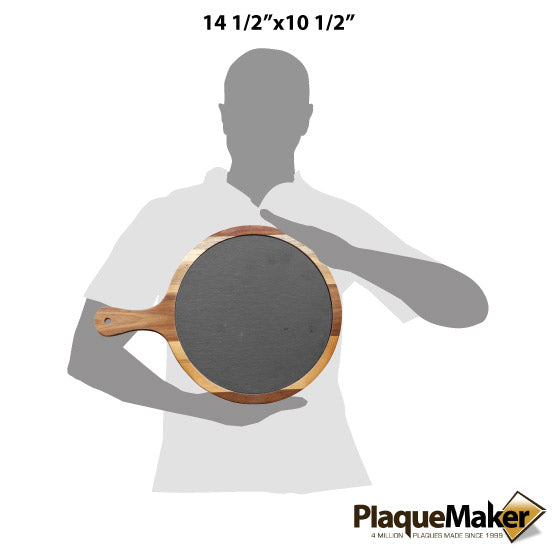 Size Guide With Blank Figure Holding Round Cutting Board Style Sign In Acacia Wood Paddle Against A White Background