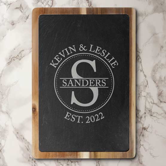 Rectangle Slate Sign Inside Cutting Board Style Acacia Board Printed With Names And Monogram And Date On Marble Counter