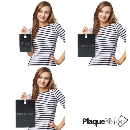 Size Guide With Happy Woman Holding Three Sizes Of Custom Cutting Board Style Slate Sign With Rope And Showing Measurements