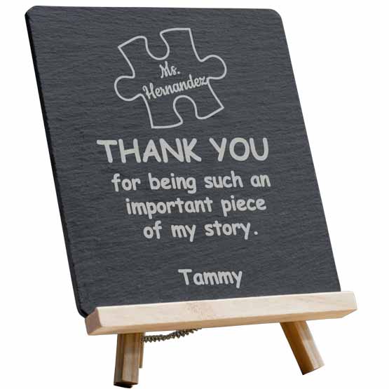 Custom Slate Sign Printed With Teacher Appreciation Message And Puzzle Piece Art And Name Standing Via Wooden Easel