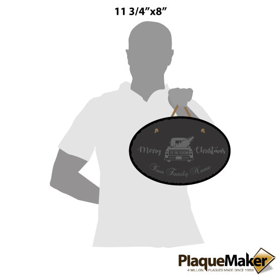 Size Guide With Blank Figure Holding Custom Slate Oval Sign Printed With Merry Christmas And Festive Truck Artwork Via Rope