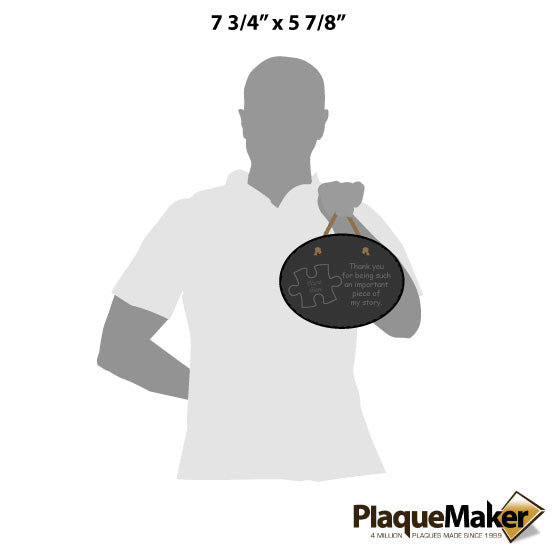 Size Guide With Blank Figure Holding Slate Oval Sign Printed With Puzzle Piece Art And Teacher Thank You Message Via Rope